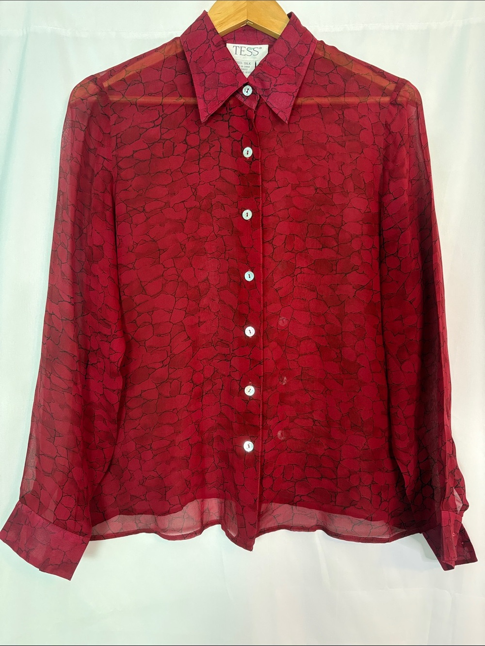 TESS Silk Red Sheer Long-Sleeve Button-Down Abstract Print Holiday Blouse Size M